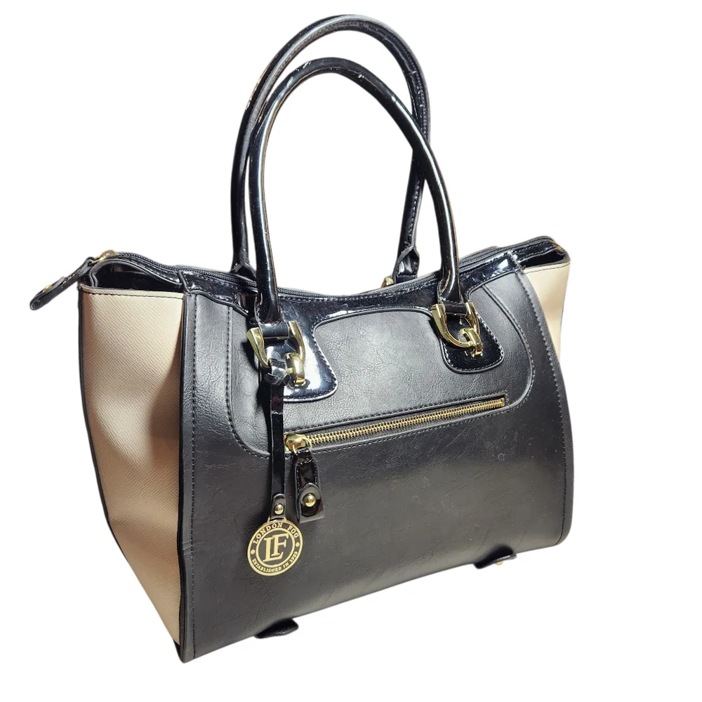 London Fog Handbag Large Tote Faux Vegan Leather Black Cream Gold Classic Preppy